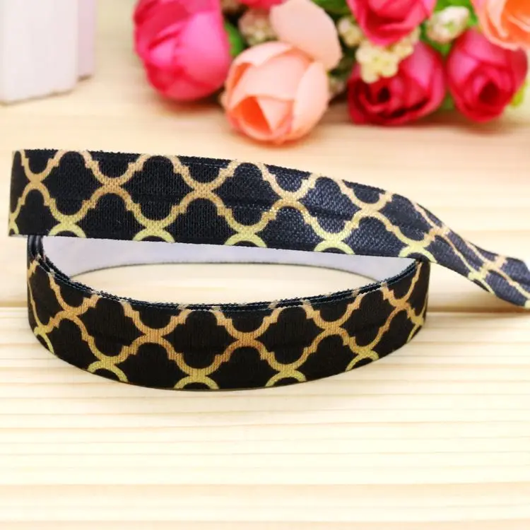 

5/8'' Free shipping Fold Elastic FOE gold color Quatrefoil printed headband headwear hairband diy decoration wholesale OEM P5142