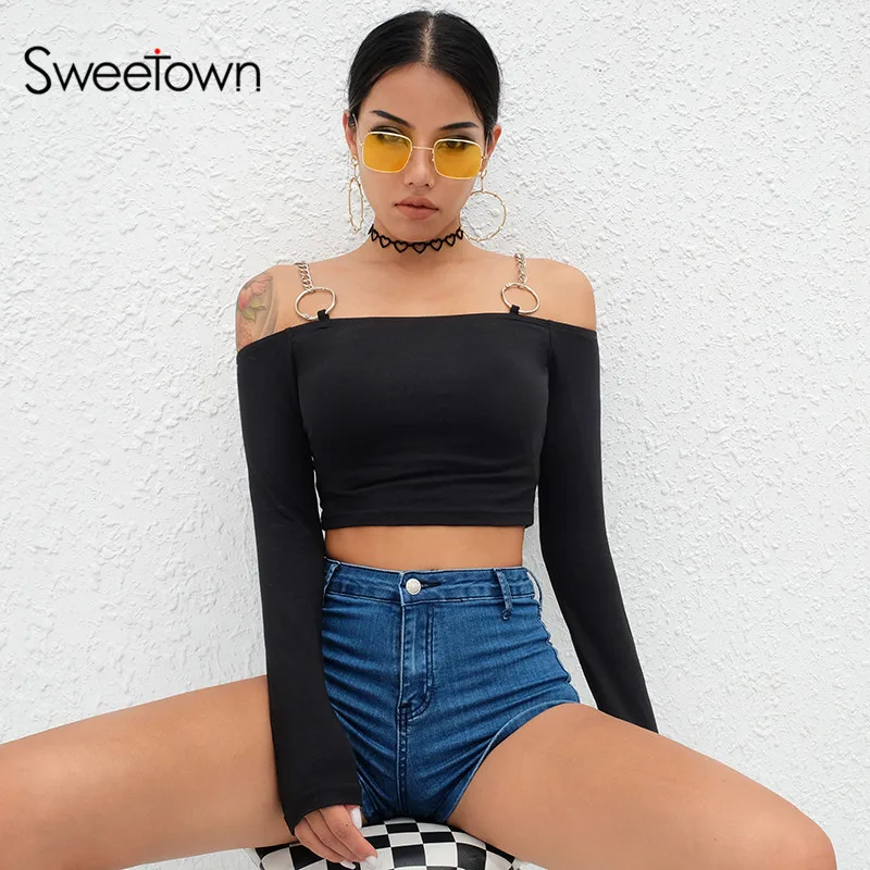 Кроп топ Sweetown с открытыми плечами и длинным рукавом сексуальные футболки
