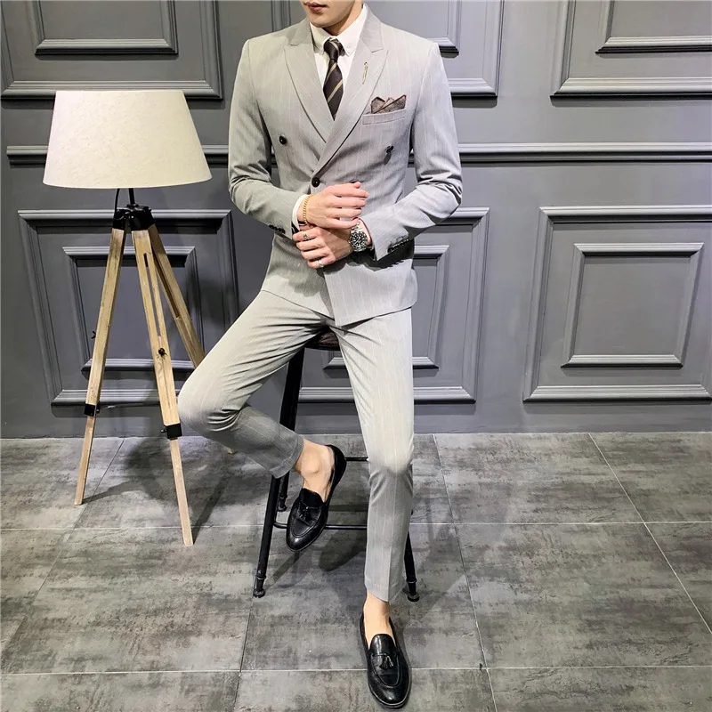 

Double Breasted Mens Striped Business Work Suits 2019 Slim Fit 3 Piece Groom Wedding Prom Blazers Suits(Jacket+Vest+Pants)