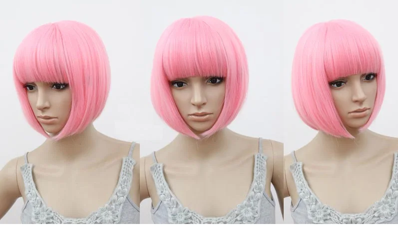 Short hair short straight Bob is inclined bang Pink |