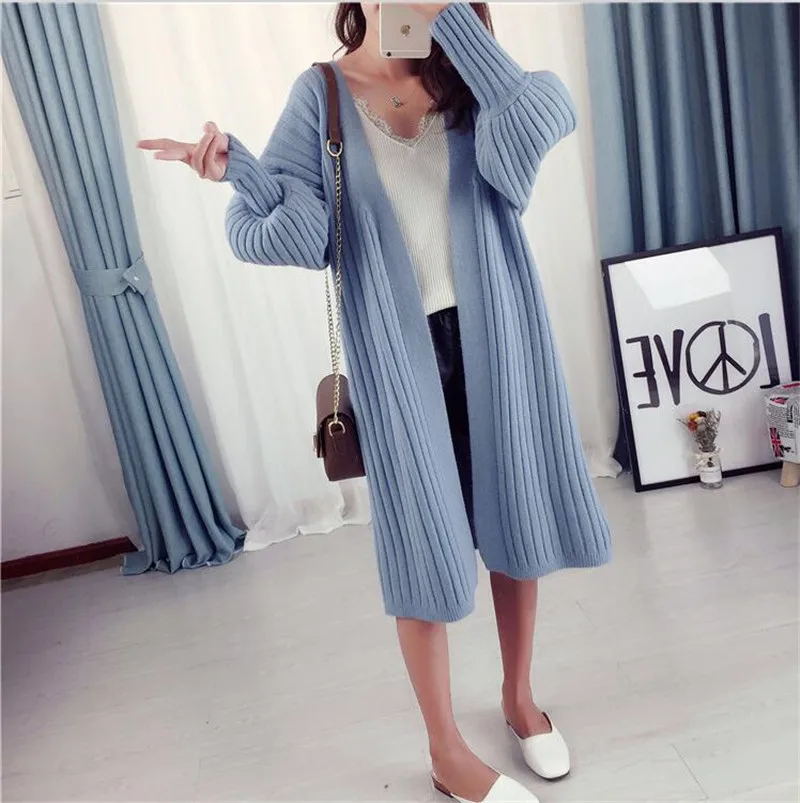 Free Size Women Autumn Long Sweater Cardigans Winter Thick Warm Solid Knitting Cardigans Puff Sleeve Slim Vestido