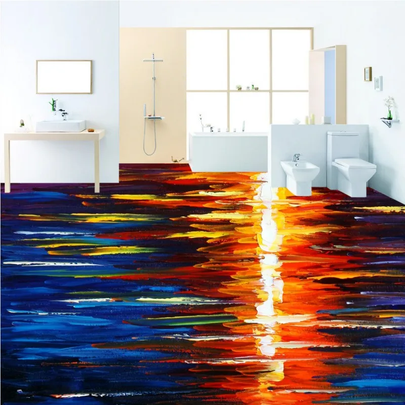Free Shipping HD Colorful abstract sunset oil painting 3D floor waterproof non-slip bedroom kitchen bathroom wallpaper mural |