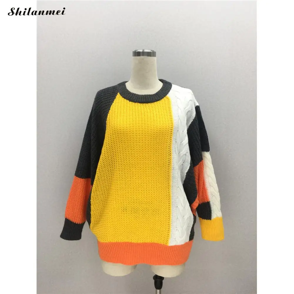 Autumn Winter Women Sweaters And Pullovers Street Style Lantern Sleeve Patchwork Jumper Fashion Loose Chunky Knit Sweaters