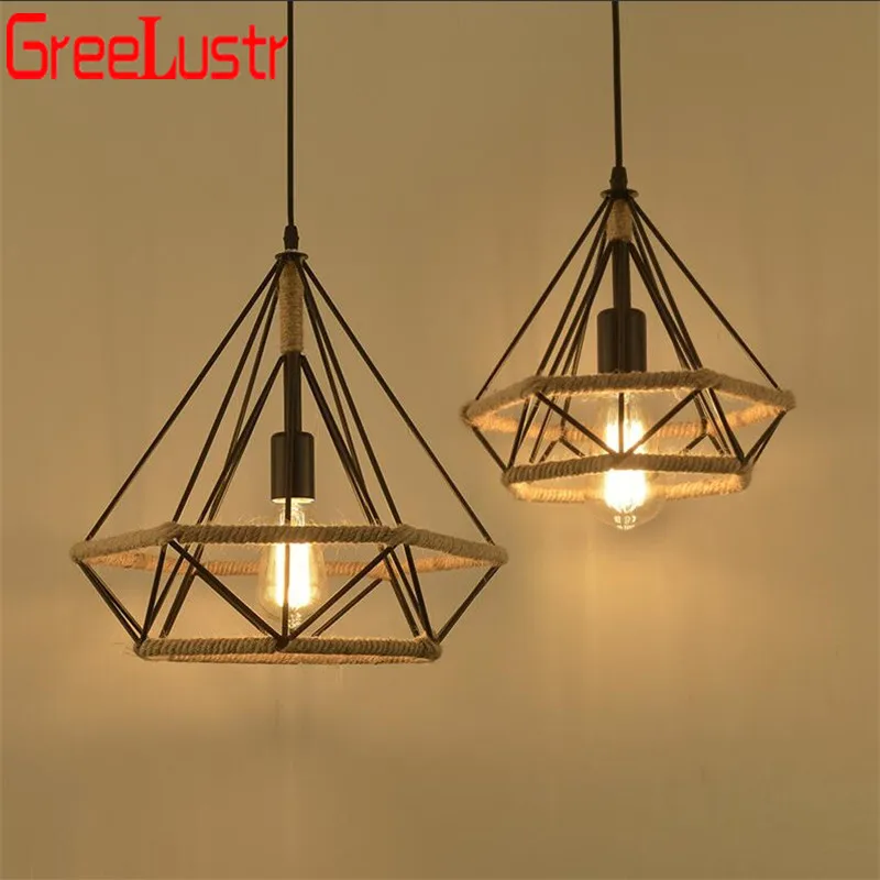 Винтажный Железный корпус подвесные светильники Ретро пеньковая веревка черный