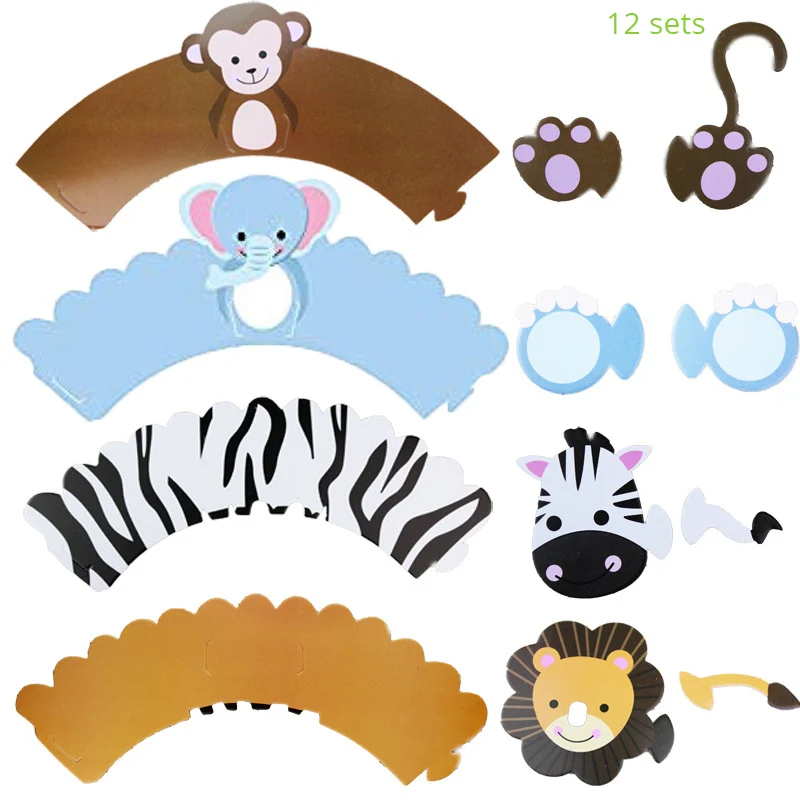 12set cupcake decor Paper Disposable Tableware Jungle Party Birthday Party Decor Kids Jungle Safari Party Animals theme Baby Shower Supplies Favors - Цвет: 12set cupcake decor