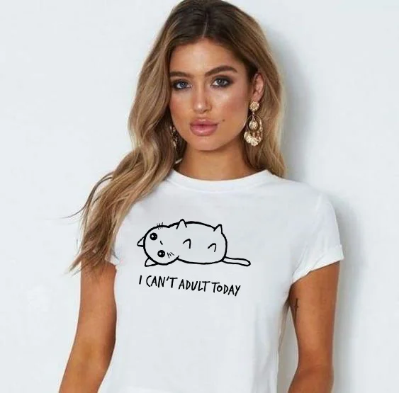 FN70-FSTWH- Футболка с надписью «I Can't adoll Today» с милым котом, женская летняя футболка с круглым вырезом и коротким рукавом, модные футболки с графическим принтом Tumblr - Цвет: FN70-FSTWH-