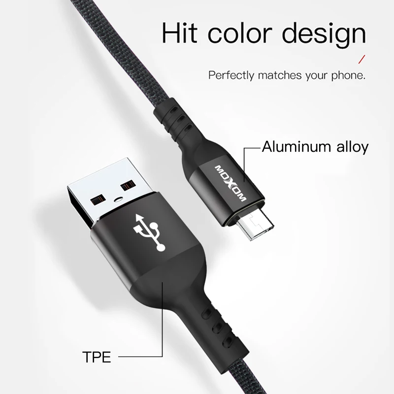 Кабель Micro USB MOXOM для Xiaomi Redmi Note 5 Pro 4 Реверсивный кабель зарядки и передачи данных