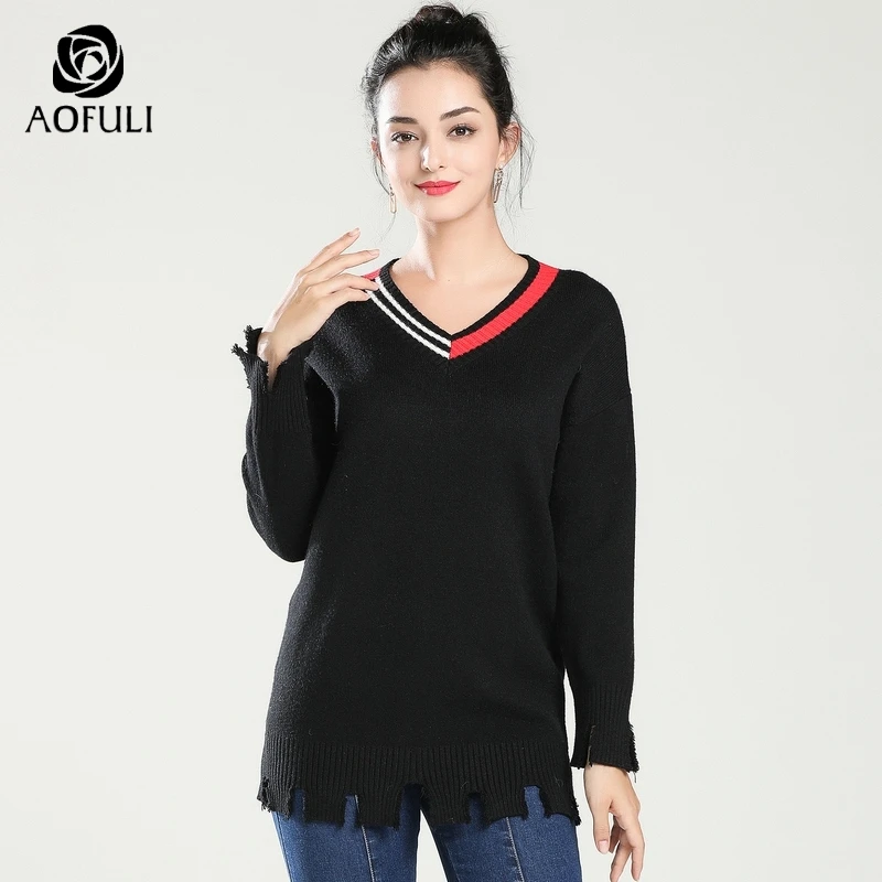 AOFULI chic plus size women knit sweaters batwing long pullover v-neck sleeve knitted tops casual knitwear L- 4XL 5XL A3768 | Женская