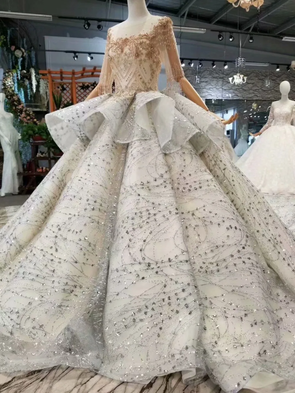 H&S BRIDAL Silver wedding dress ball gown bride dresses gold sequins half sleeves luxury wedding dresses vestido de novia