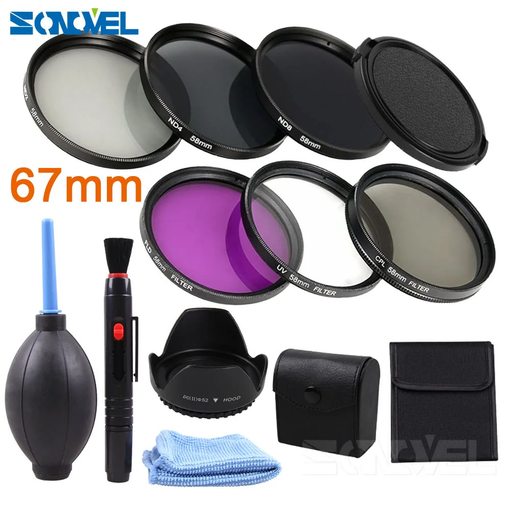 49 52 55 58 62 67 72 77 82 мм UV CPL FLD ND2 ND4 ND8 Комплект фильтров нейтральной плотности+ бленда+ чистящий комплект для Canon sony Nikon - Цвет: 67mm