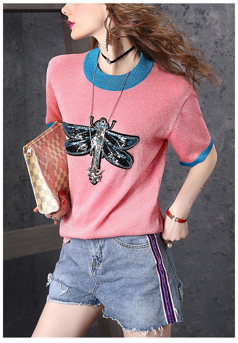 Женская трикотажная шелковая Футболка с блестками Baitao футболка коротким рукавом