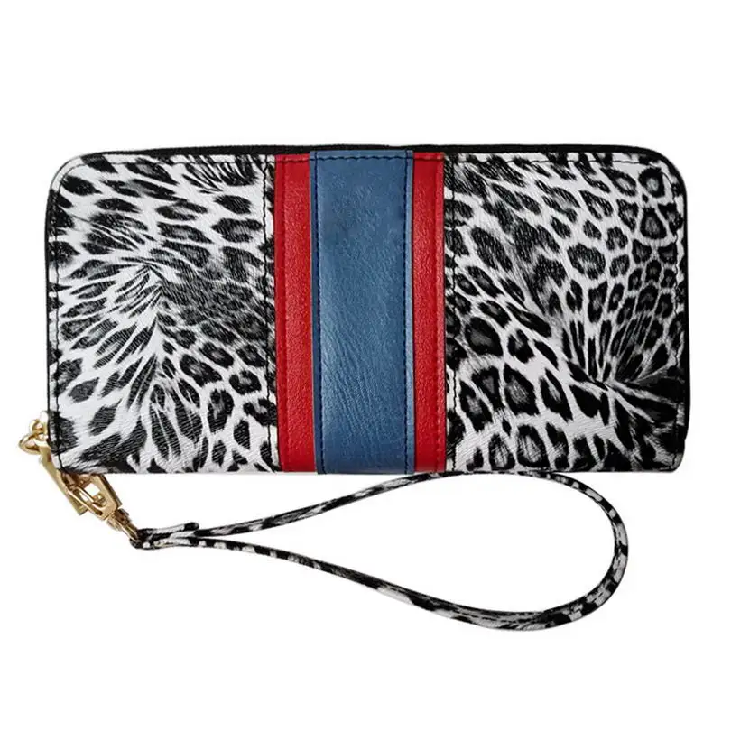 KANDRA Personalized Leopard Patchwork Long Wallet for Women with Removable Wristlet Strap Animal Print Zipper Purse Card Holder