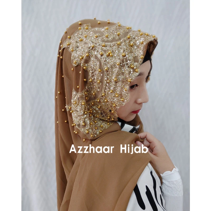 Женский хиджаб однотонные Стразы расшитые бисером блестки шифоновые шелковые