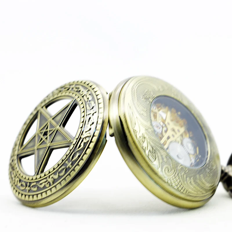 Lucky Pentagram Skull Mechanical Pocket Watch Vintage Steampunk Manual Chain Necklace Pendant Accessory Clock Gift