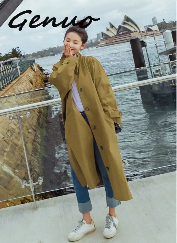 

Genuo women 2019 New Fashion Stand Collar Side Botton Vent Loose Large Size Overcoat Female's Full Sleeve Long Jacket Vestido
