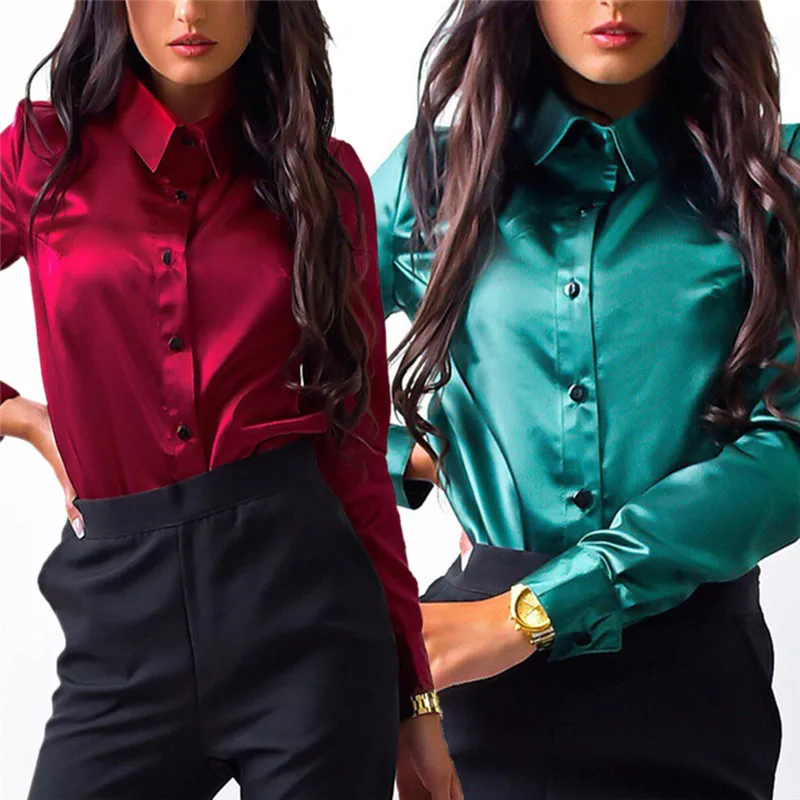 Высокое качество blusa Женская шелковая атласная блузка с пуговицами и отворотом