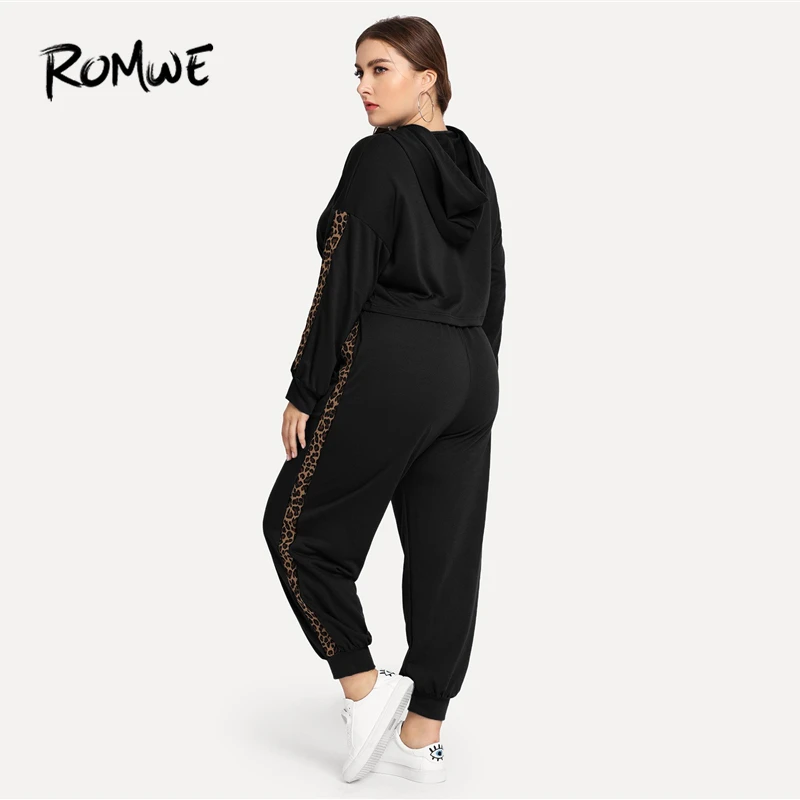 Romwe, спортивный костюм размера плюс, черный, с леопардовым принтом, с капюшоном, спортивный костюм для женщин, для тренировок, бега, набор,, осенняя одежда для тренажерного зала, фитнеса, тренировок