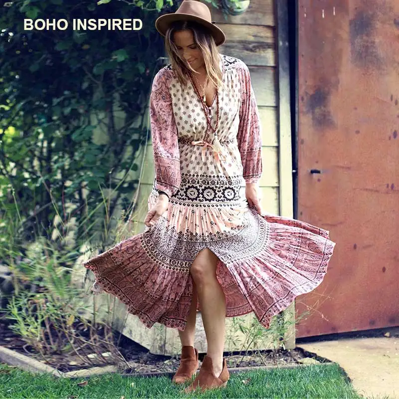 BOHO INSPIRED rayon богемное Цветочное платье с длинным рукавом кулиской на талии длинное