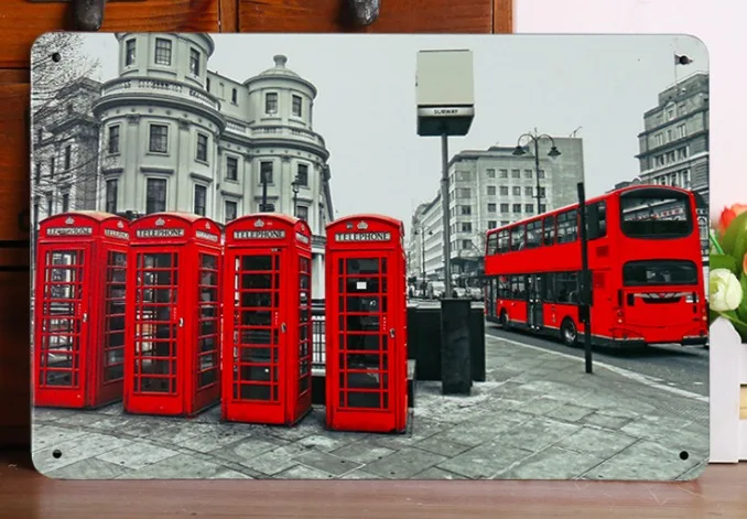

1 pc UK London Britain Phone booth red Tin Plates Signs wall Room man cave Decoration bar Art retro shabby vintage Poster metal