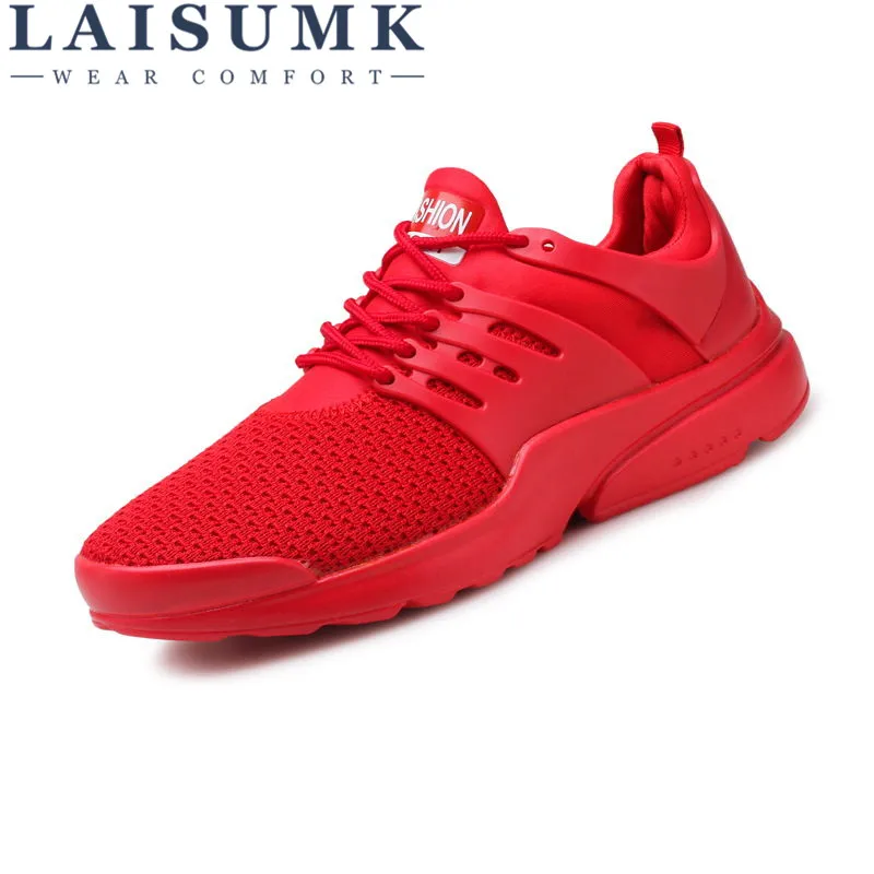 

2020 LAISUMK Mesh Shoes Men Work Out Lace Up Black Red Comfortable Light Weight Casual PU Sole New Style Sapatos Casuais