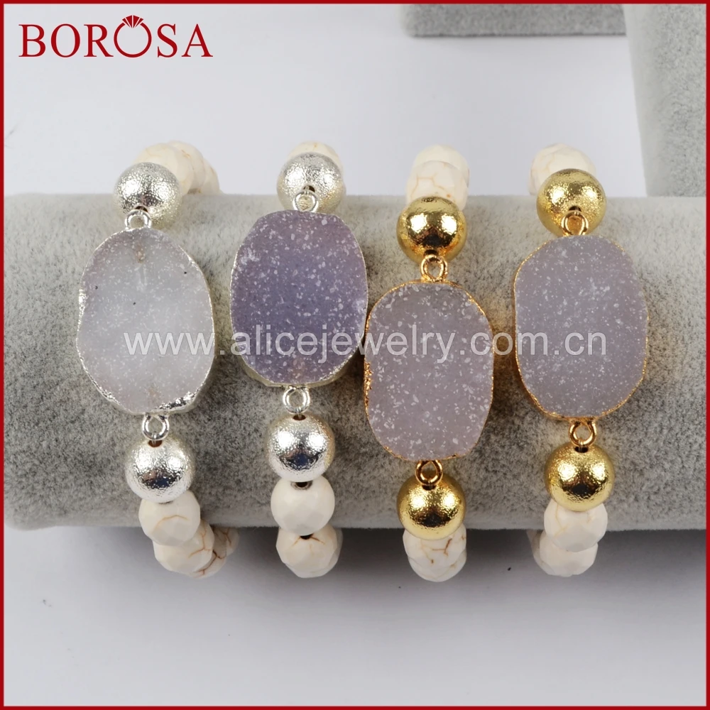 Женский браслет BOROSA золотистый/серебристый натуральный камень очаровательный с