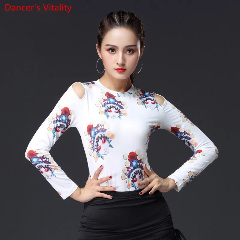 Women Long Sleeve Milk Silk Latin Dance Blouse Top Practice Sexy printing Round Neck White Black Free Shipping | Тематическая