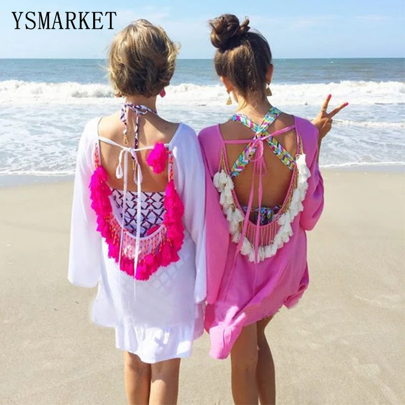 Женское летнее платье с открытой спиной кисточками накидка пляжная одежда