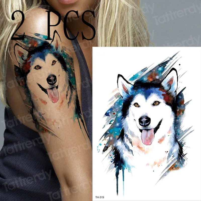 

2PCS/lot colorful cute wolf temporary tattoo sticker for women Samoyed Ice wolf design tattoo adorable animals series 2019 new