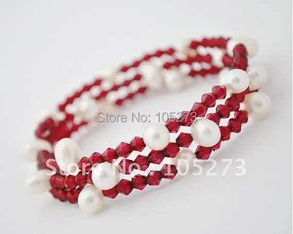

Free Shipping Charming Pearl Bracelet AA 6-7MM 3Rows white Color Freshwater Pearl & red Crystal Beads Fashion Pearl Jewelry
