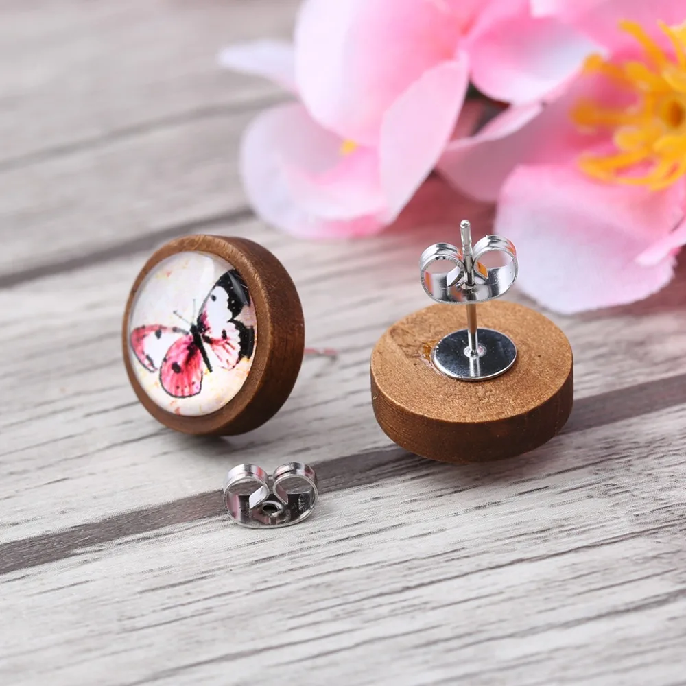 reidgaller 2018 fashion new women vintage butterfly bird glass cabochon wood stud earrings | Украшения и аксессуары