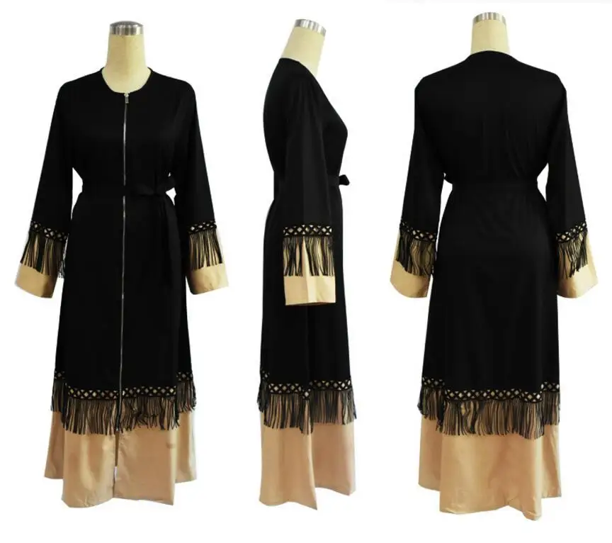 

2018 new fashion Tassel lace Muslim dress Islamic women zipper cardigan robe Dubai Muslim Abaya plus size a647