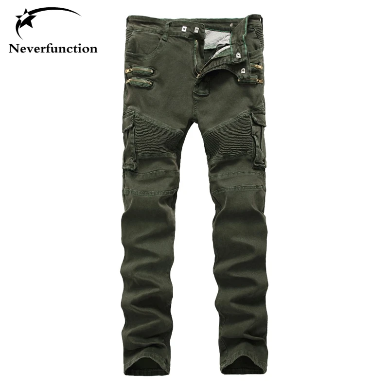 Мужские обтягивающие рваные байкерские джинсы зеленые брюки карго с множеством