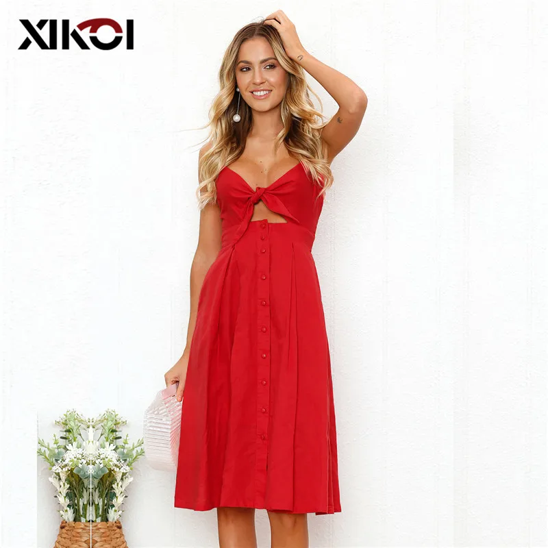 XIKOI Causal Backless Summer Dress Hollow Out Bow Midi Women Female Spaghetti Strap Sundress Print Button 2021 vestidos | Женская одежда