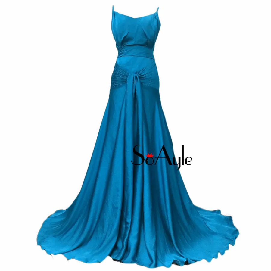 

SoAyle Real Picture A-Line Spaghetti Straps Green Silk Chiffon Backless Evening Dresses 2017 Ruched Women's Formal Dresses Prom