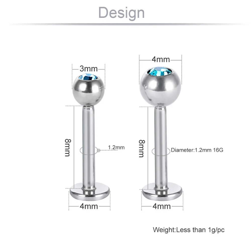 10pcs/lot Crystal Ball Screw in Labret Lip Piercing 16G Hypoallergenic Stainless Steel Bead Surgical Body Jewelry Color Mix LB08 | Украшения