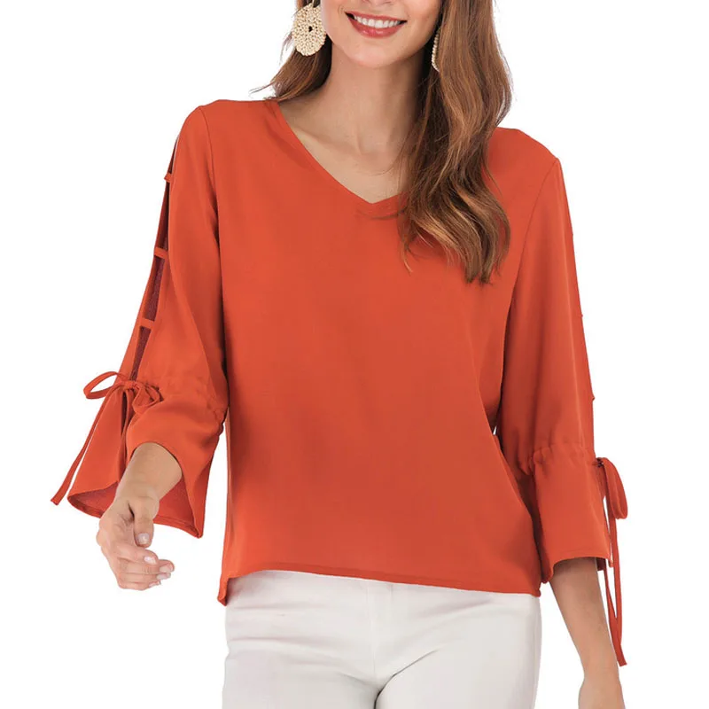 

Women blouse and tops 2021 ladies tops chiffon blouse bow plus size harajuku shirts V-Neck Flare Sleeve womens clothes 3860 50