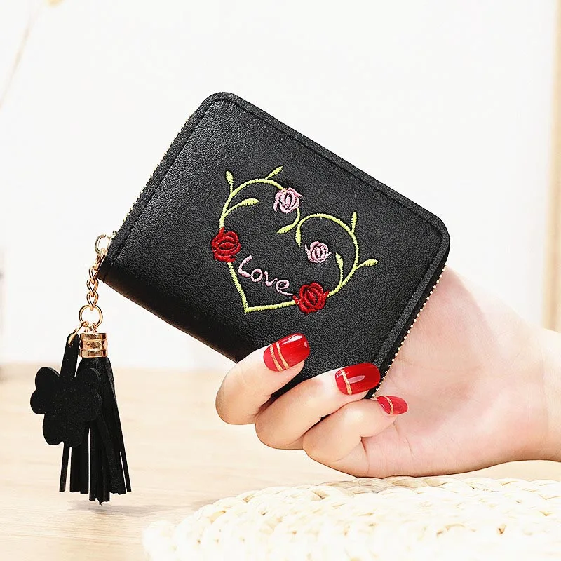 Модные маленькие женские кошельки, короткий кошелек для монет, карман с вышивкой и кисточками, женский кошелек, сумка для карт, держатель для удостоверения личности, хорошее качество, сумочки для денег - Цвет: black