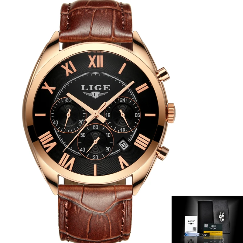 Часы наручные LIGE Мужские кварцевые брендовые водонепроницаемые Модные