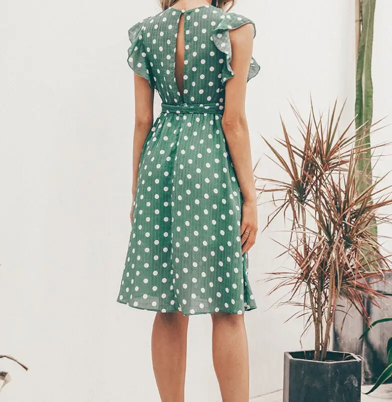 Женское богемное платье миди в горошек элегантное весеннее пляжное с оборками и