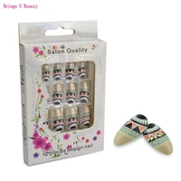 12pcspack bohemi airbrush nails designed nail fake nail art false nails with nail adhesive sticker full cover medium length