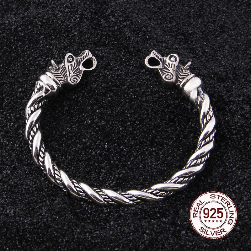 S925 Sterling Silver Viking Wolf Twisted body Bangle with wood box as gift for men or women