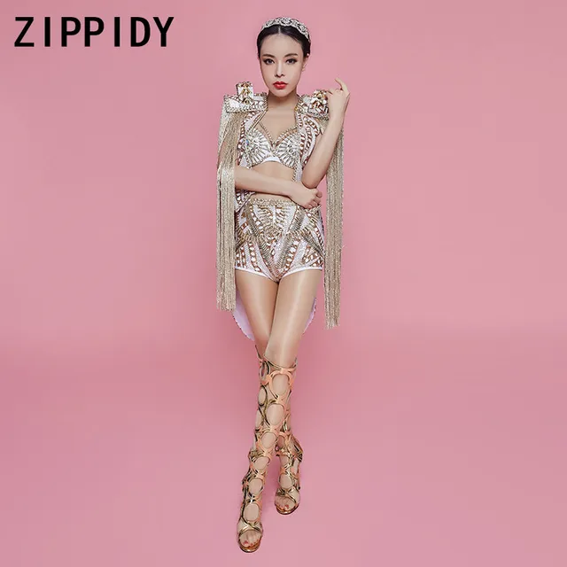 Gold Sequins Epaulet Fringes Costume Bra High Waist Short Female Singer Stage Dance Performance Wear Show Top Bottom Set 4