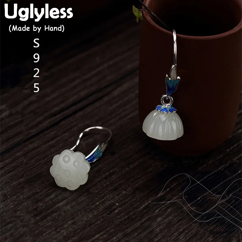 

Uglyless Real S 925 Sterling Silver Natural Lotus Jade Earrings Women Enamel Floral Brincos Ethnic Fine Jewelry Handmade Bijoux