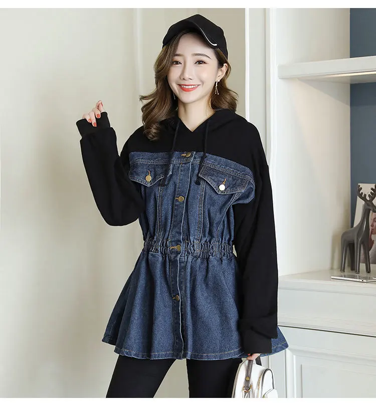 New Spring Fashion Loose Denim Patchwork Hooded Sweatshirts Slim Waist Students Hoodies Casual Tops for Women