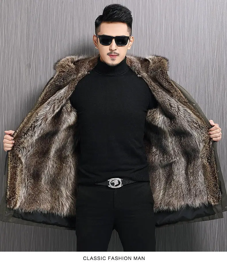 Пальто с натуральным мехом, мужская куртка с подкладкой из меха енота, парка с капюшоном, теплые парки, мужские зимние куртки, Chaqueta Hombre 57-8206-2 YY574