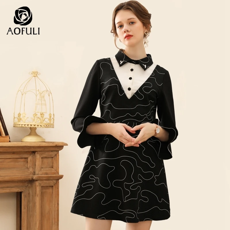 M/L/XL женские зимние платья с принтом большой размер рукав 3/4 праздничное платье
