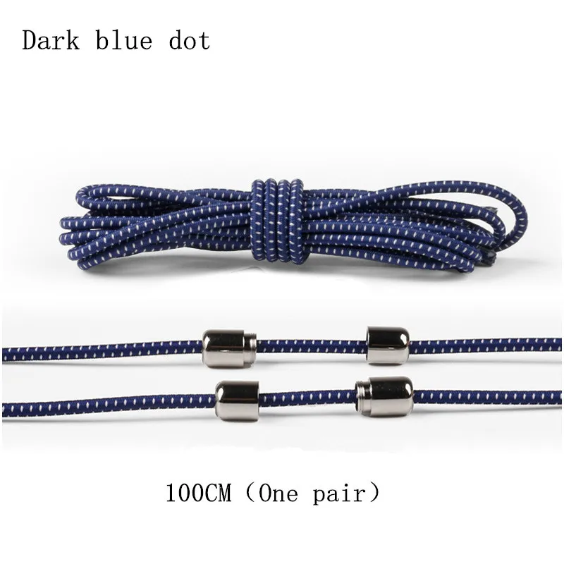 Dark blue dot-19 Новинка, 1 пара, унисекс, ленивые, эластичные, без завязок, круглые шнурки для ботинок, для детей и взрослых, быстро, яркие цвета, 100 см, Круглые, металлические, с головкой, шнурки - Цвет: Dark blue dot-19