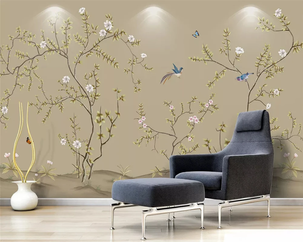 beibehang Custom wallpaper hand drawn flowers birds background plum blossom peach wall papers home decor papier peint | Обустройство