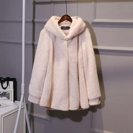 light pink Норковая шуба для женщин осень зима мода размера плюс Шуба с капюшоном Длинные куртки толстый теплый женский топ зима белый черный - Цвет: light pink
