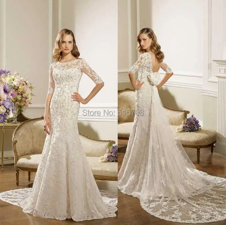 

Lace Mermaid Wedding Dresses Scoop Backless Half Sleeves Garden Appliques Detachable Train Bridal Party Gowns 2015 Cheap